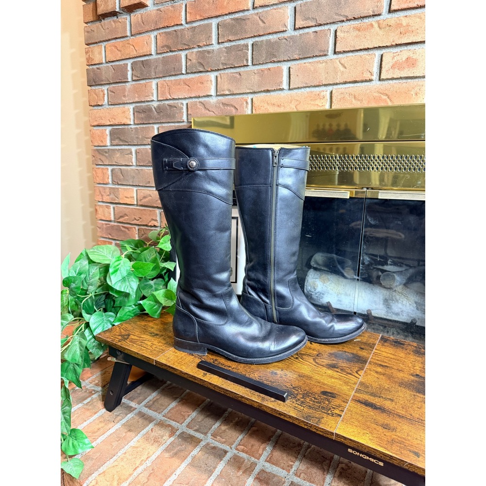 Frye Melissa Button Tall Riding Boots Women Black Leather Side Zip 9B